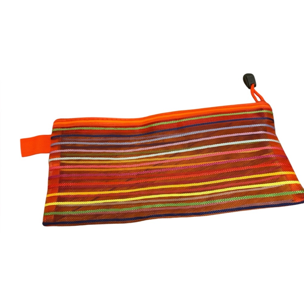 Orange striped mesh zip pouch. EC